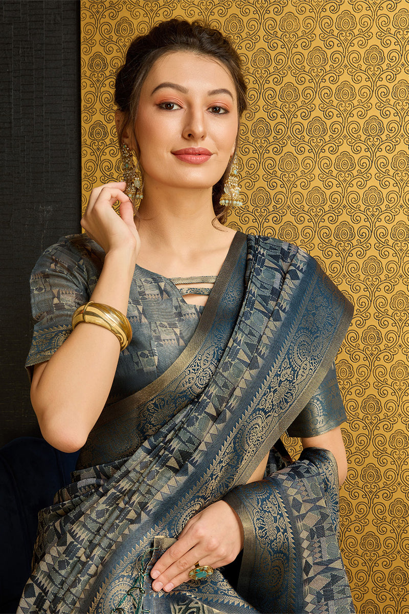 Buy Grey Silk Ethnic Motifs Printed Saree online-Karagiri