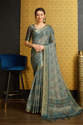 Teal Silk  Ethnic Motifs Printed Zari Saree