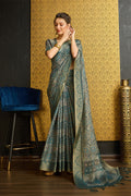 Teal Silk  Ethnic Motifs Printed Zari Saree