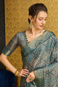 Teal Silk  Ethnic Motifs Printed Zari Saree