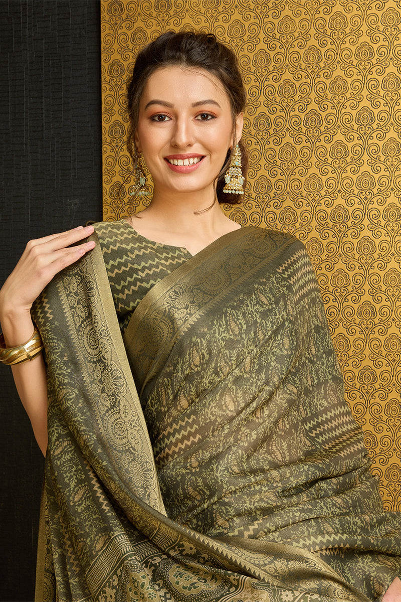 Buy Green Silk Floral Printed Zari Saree online-Karagiri