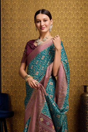 Teal Silk Saree With Blouse Piece