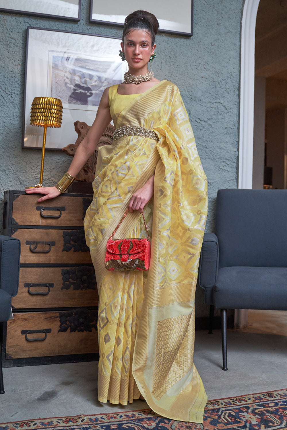 Buy Lemon Yellow Linen Saree online-Karagiri