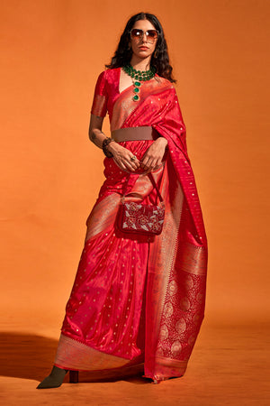 Red Satin Banarasi Silk Saree With Blouse Piece