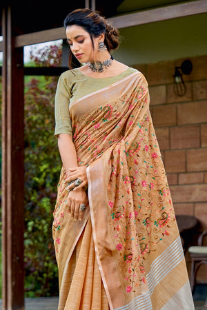 Bhagalpur Handloom Pure Linen Cotton Hand-Dyed Batik Pattern Saree-Gre