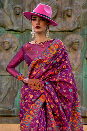 Purple Pashmina Silk Organza Saree With Blouse Piece