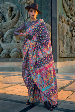 Navy Blue Pashmina Silk Organza Saree With Blouse Piece