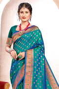 Turquoise Paithani Silk Saree With Blouse Piece