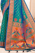 Turquoise Paithani Silk Saree With Blouse Piece