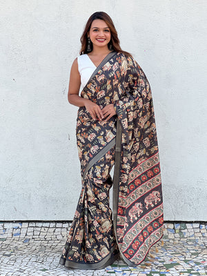 Cream With Black Tussar Silk Saree With Blouse Piece