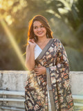 Cream With Black Tussar Silk Saree With Blouse Piece