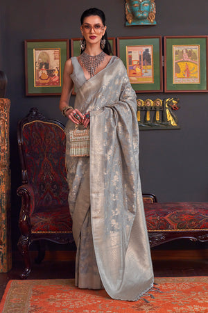 Teal Grey Katan Habutai Silk Saree With Blouse Piece