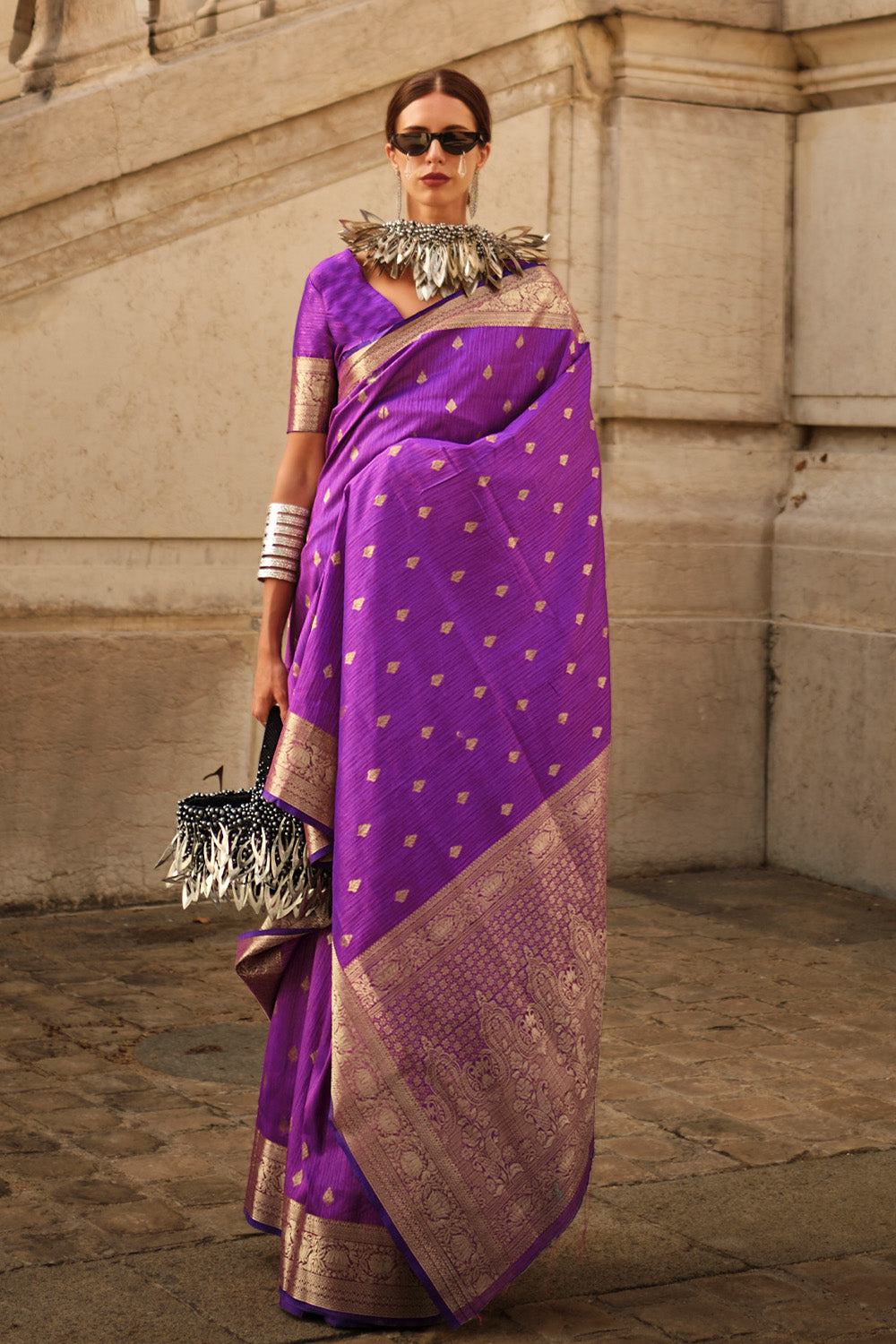 Buy Purple Banarasi Silk Saree Online in USA with Zari Minakari Work – Pure  Elegance