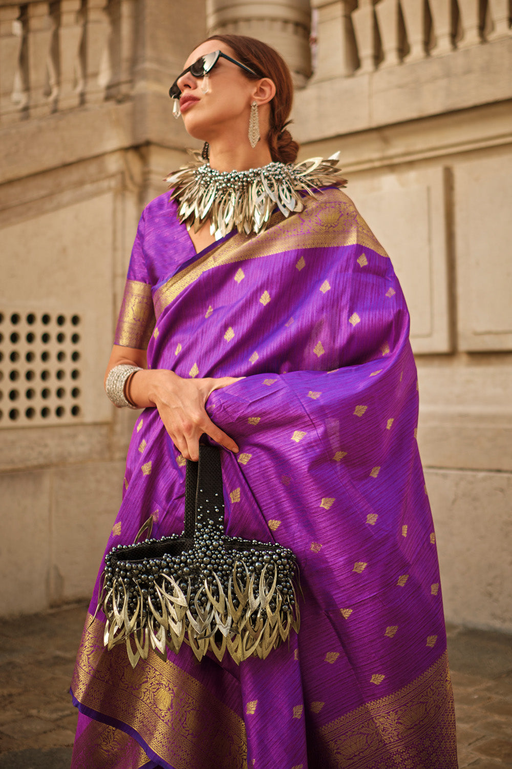 dark purple woven banarasi silk saree with blouse - Monjolika - 3443465