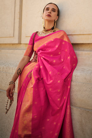 Pink Banarasi Silk Saree With Blouse Piece