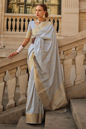 Grey Banarasi Silk Saree With Blouse Piece