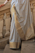 Grey Banarasi Silk Saree With Blouse Piece