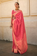 Baby Pink Banarasi Silk Saree With Blouse Piece