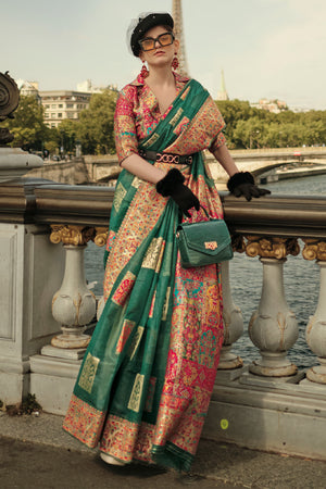 Green Kashmiri Silk Saree With Blouse Piece