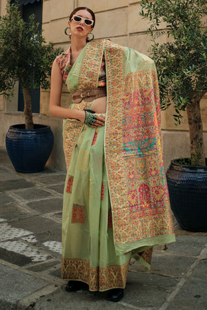 Olive Green Kashmiri Silk Saree With Blouse Piece