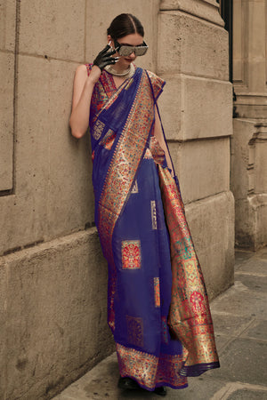 Navy Blue Kashmiri Silk Saree With Blouse Piece