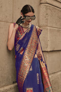 Navy Blue Kashmiri Silk Saree With Blouse Piece