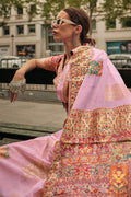 Baby Pink Kashmiri Silk Saree With Blouse Piece