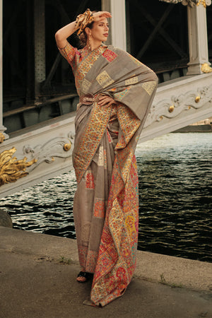 Grey Kashmiri Silk Saree With Blouse Piece