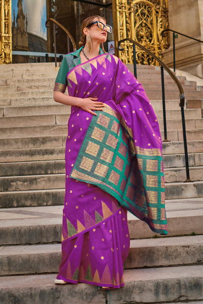 Violet and yellow Pure Dola Silk Saree with Fancy Lace Border – Thath  Banaras