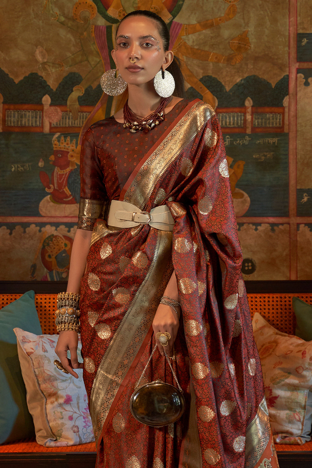 Buy Brown Tussar Saree With Mirror Detail And Unstitched Blouse Piece