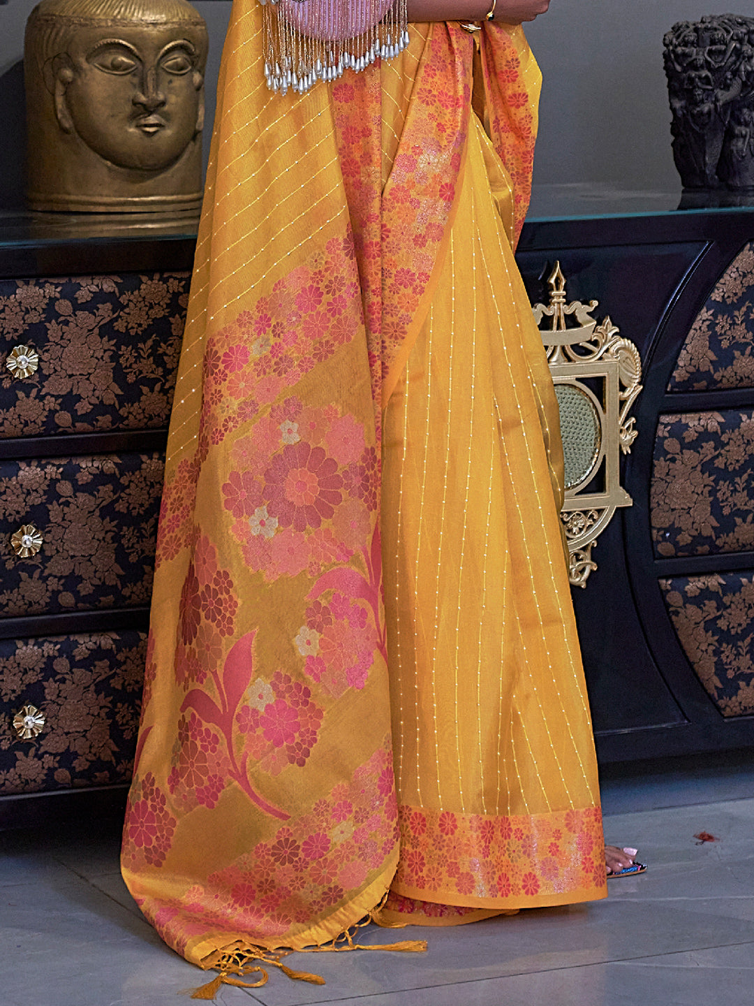 Buy Canary Yellow Organza Saree Online Karagiri