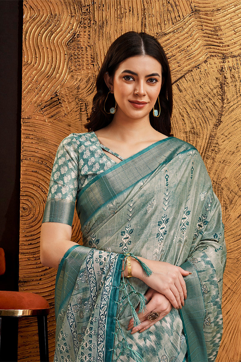 Buy Blue Silk Ethnic Motifs Printed Zari Saree online-Karagiri