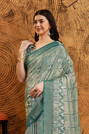 Blue Silk Ethnic Motifs Printed Zari Saree