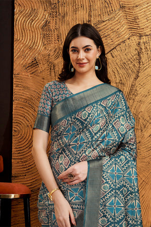 Grey Silk Geometric Printed Zari Saree