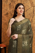 Dark Green Silk Floral Printed Saree