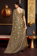 Mehendi Green Silk Floral Printed Zari Saree