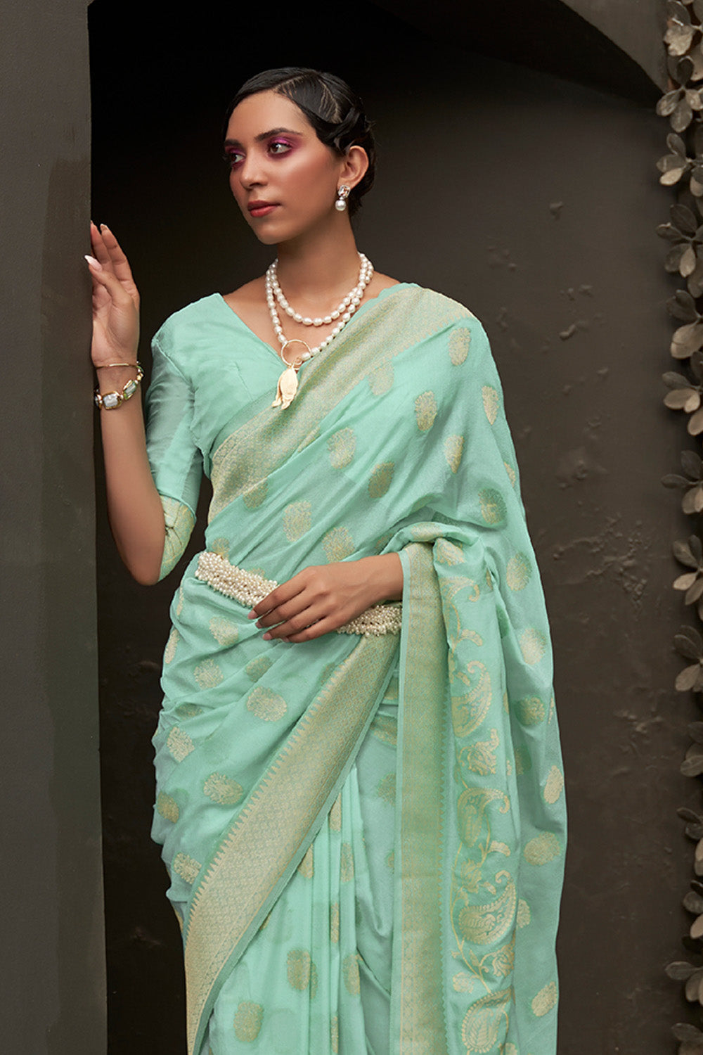 Buy Grancy Firozi Ready To Wear Stylish Saree with Stiched Designer Blouse  at