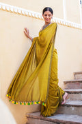 Fawn Yellow Mulmul Cotton Saree