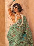 Green Printed Zari Tissue Saree With Blouse Piece