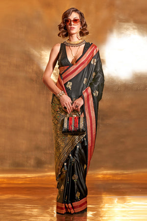 Black Banarasi Silk Saree With Blouse Piece