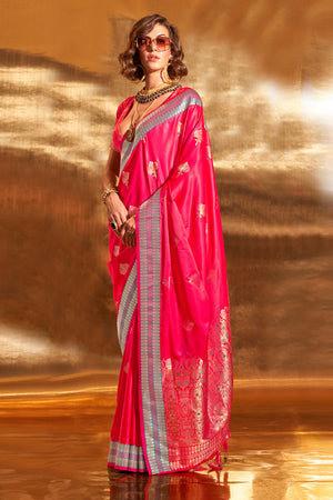 Pink Banarasi Silk Saree With Blouse Piece