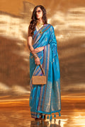 Blue Banarasi Silk Saree With Blouse Piece