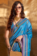 Blue Banarasi Silk Saree With Blouse Piece