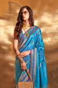 Blue Banarasi Silk Saree With Blouse Piece