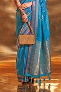 Blue Banarasi Silk Saree With Blouse Piece