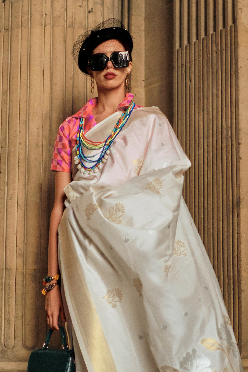 Antique White Saree in Soft Silk Floral Print - Clothsvilla