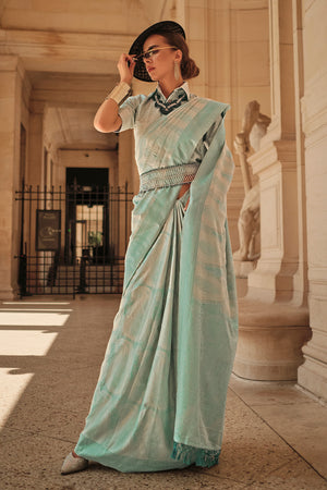 Blue Satin Silk Saree With Blouse Piece