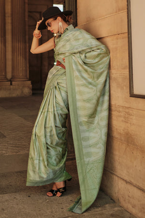 Green Satin Silk Saree With Blouse Piece