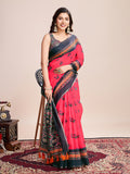 Pink Linen Blend Saree With Blouse Piece