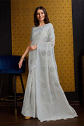 Grey Linen Silk Saree With Blouse Piece